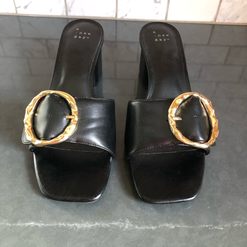 A New Day Black Slide Sandals with Gold Accent